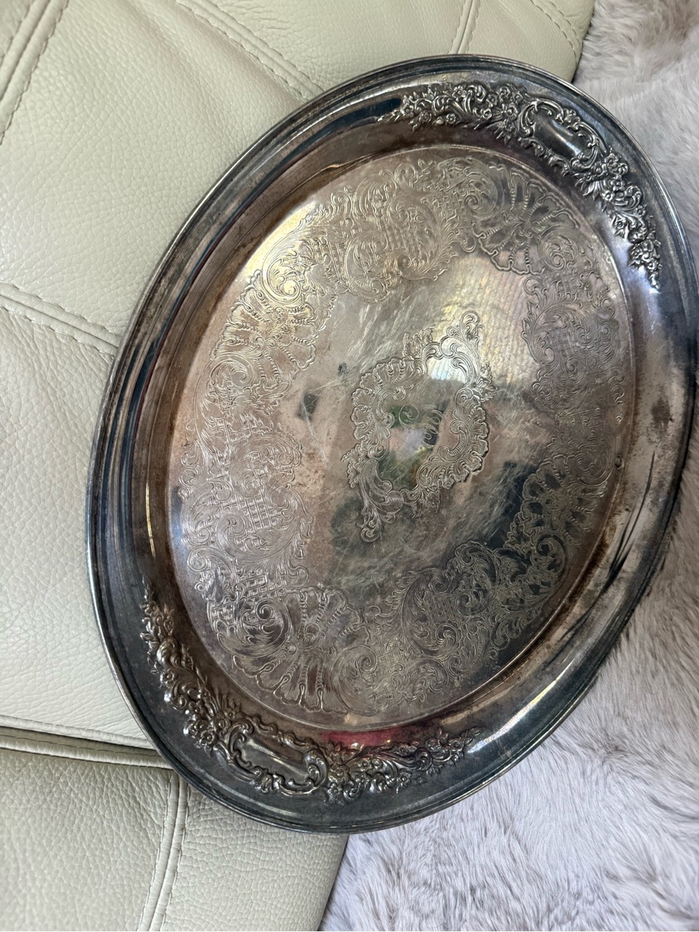 Oneida Silver Plated Ornate Oval Vanity Tray with S Engraving-Vintage
